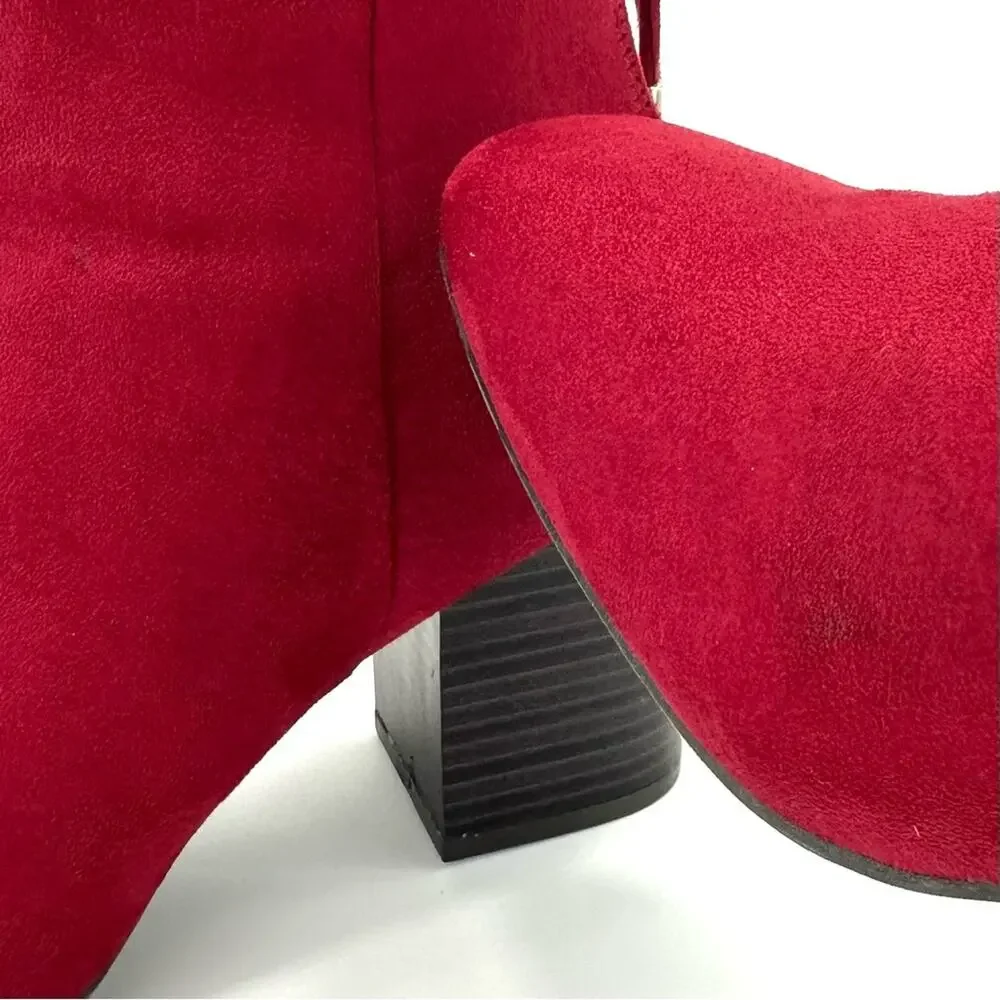 Journee Collection Red Block Heel Ankle Boot Size 7.5 Faux Suede Round Toe New
